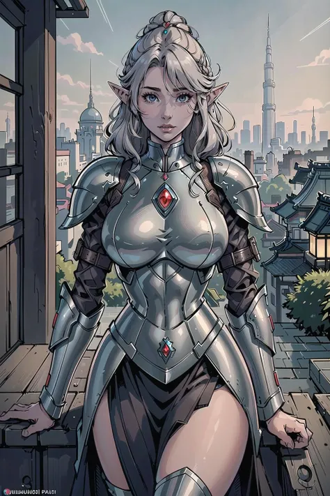 (masterpiece, best_quality, ultra-detailed, immaculate:1.3), epic, illustration, elf sci-fi paladin  , sexy armor, pauldrons, matte brown hair, Scalp Braids, reaching, overlooking a British, moist city, on a  Kyoto street, bombshell hair, bright platinum hair, half updo,Shaggy Layers, lying<lora:EnvyBeautyMix17:1>