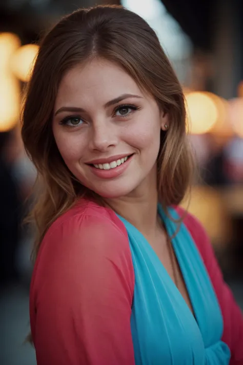 a close up of a woman with a pink and blue dress