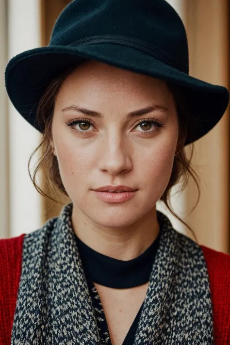 arafed woman wearing a hat and scarf looking at the camera