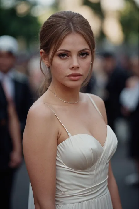 a close up of a woman in a white dress standing in a crowd