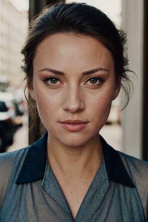 a close up of a woman with a shirt on standing on a street