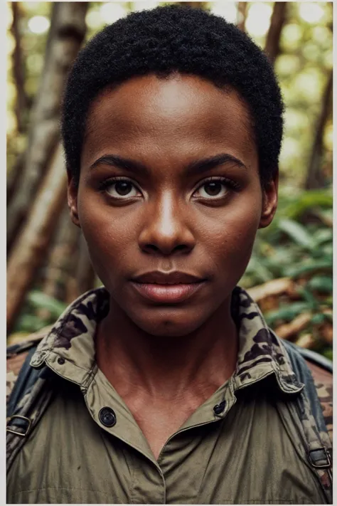 a close up of a person with a jacket on in a forest