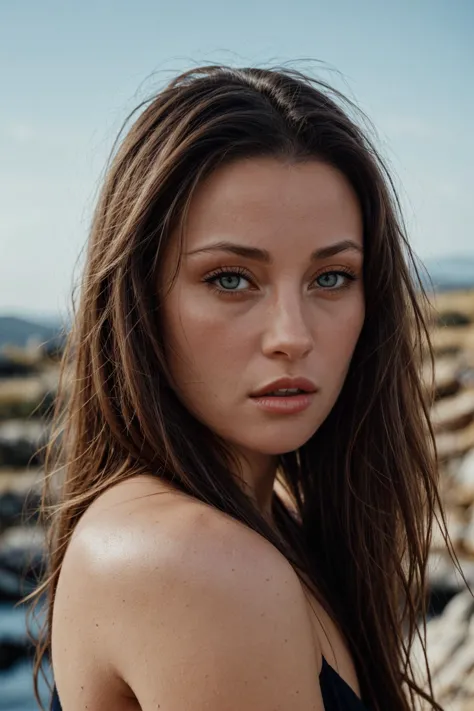 a woman with long hair and a black top posing for a picture