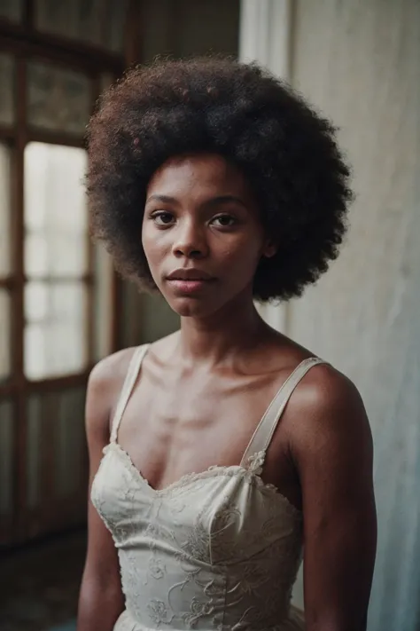 a woman with an afro standing in a room