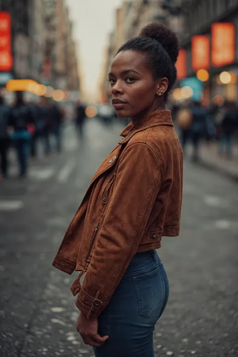 a woman standing on a city street in a brown jacket