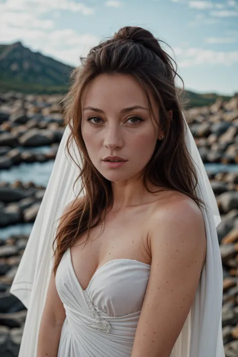 a woman in a white dress standing on a rocky beach