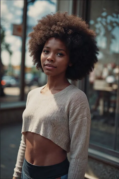 a woman with an afro standing in front of a window