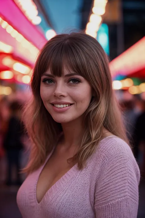 arafed woman in a pink sweater standing in front of a neon lit street