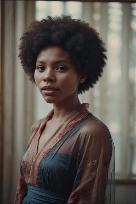 a woman with an afro standing in front of a window