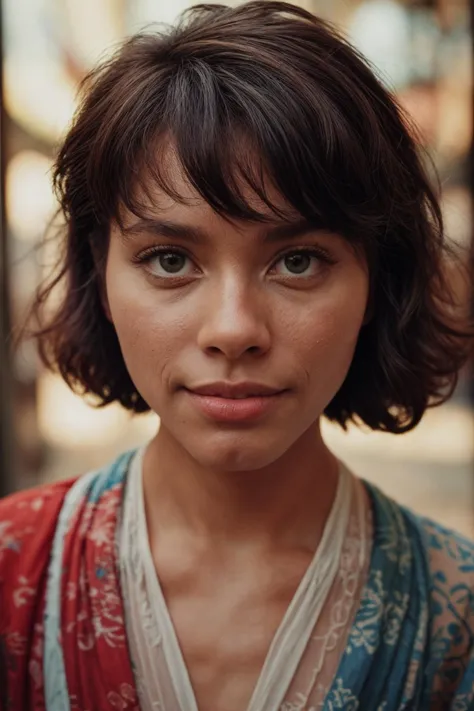 a close up of a woman with a red and blue dress