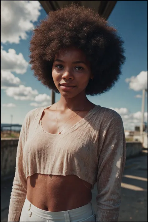 a close up of a woman with an afro standing on a roof