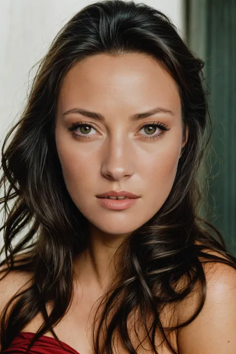 a close up of a woman with long hair wearing a red dress