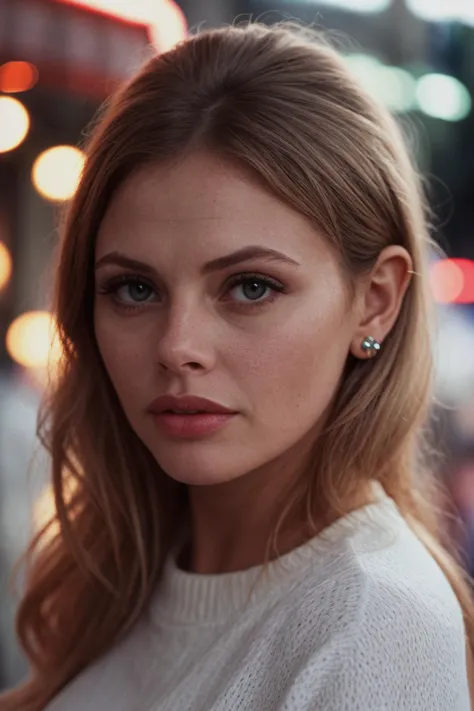 a close up of a woman with a white sweater and earring