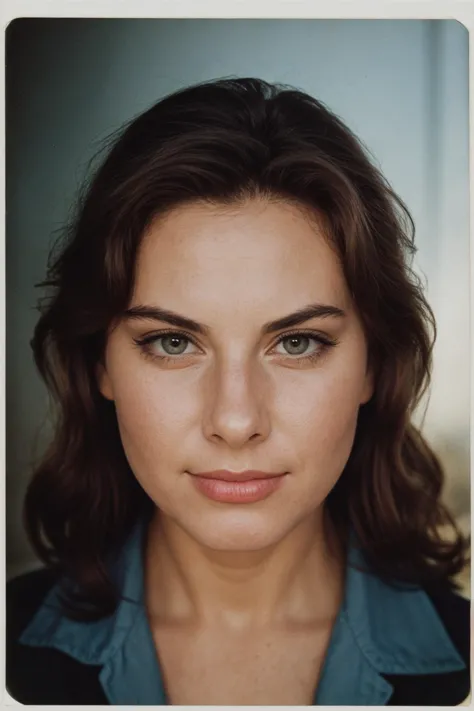 a close up of a woman with a blue shirt and a black shirt