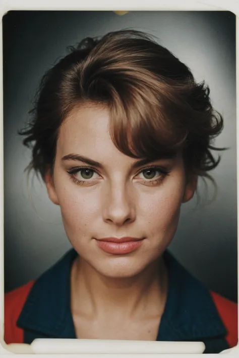 a close up of a woman with a red shirt and blue shirt