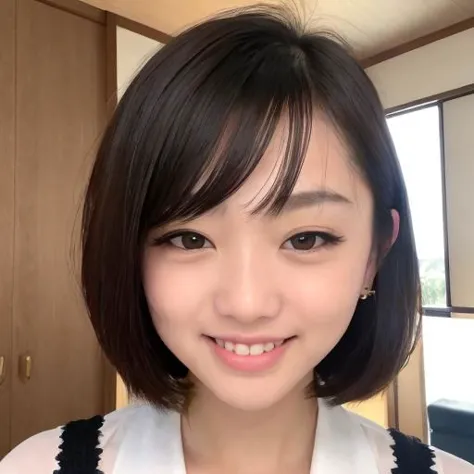 8k, raw photo in hdr, sharp focus, intricate texture, detailed face, burst out laughing, (pudding face), japanese girl, asian eyes, (partial double eyelids), slit eyes, narrow eyes, turime, deep-set eyes, flat nose, pudding cheeks, (forehead:1.1), thin hair, flipped hair, angled bob, light brown hair, thin eyeblow, no makeup