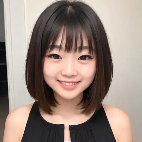 8k, raw photo in hdr, sharp focus, intricate texture, detailed face, burst out laughing, (pudding face), japanese girl, asian eyes, (partial double eyelids), slit eyes, narrow eyes, turime, deep-set eyes, flat nose, pudding cheeks, (forehead:1.1), thin hair, flipped hair, angled bob, light brown hair, thin eyeblow, no makeup