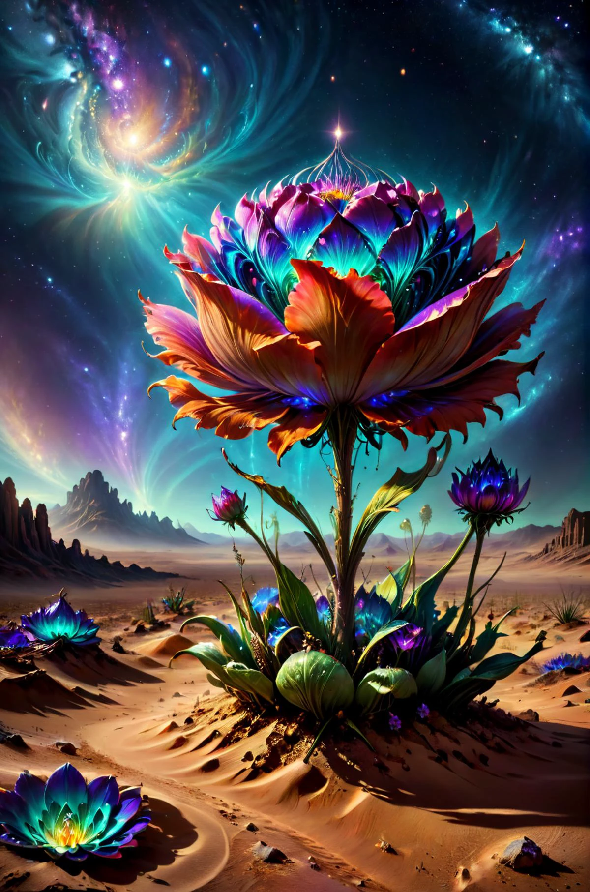 أثيري fantasy concept art of  horror-themed breathtaking a delicate flower growing in the middle of the desert ColorART, الغريبة الملونة DonMASKTexXL  , تحفة, الحائز على جائزة, احترافي, مفصلة للغاية, غريب, مقلق, مظلم, مرعب, مشوق, متجهم, مفصلة للغاية, عظيم, سماوي, أثيري, تصويري, ملحمي, مهيب, سحري, فن الخيال, فن الغلاف, حالمة