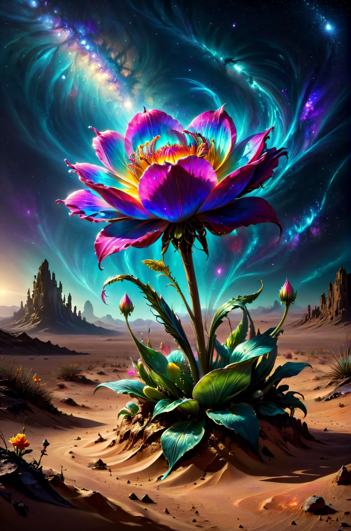 ไม่มีตัวตน fantasy concept art of  horror-themed breathtaking a single delicate flower growing in the middle of the desert ColorART, Alienzkin สีสันสดใส DonMASKTexXL  , ผลงานชิ้นเอก, ได้รับรางวัล, มืออาชีพ, มีรายละเอียดสูง, น่าขนลุก, ไม่มั่นคง, มืด, น่ากลัว, ใจจดใจจ่อ, เคร่งขรึม, มีรายละเอียดสูง, งดงาม, เกี่ยวกับสวรรค์, ไม่มีตัวตน, จิตรกร, มหากาพย์, คู่บารมี, ขลัง, ศิลปะแฟนตาซี, หน้าปก, ช่างฝัน