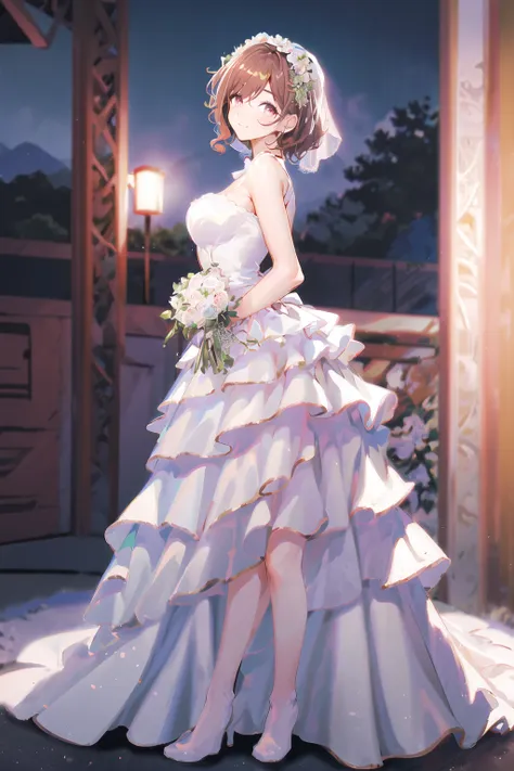 (best quality, high definition, masterpiece:1.2,), illustration, night, 1girl, full body, (wedding dress), arm behind back, wait...