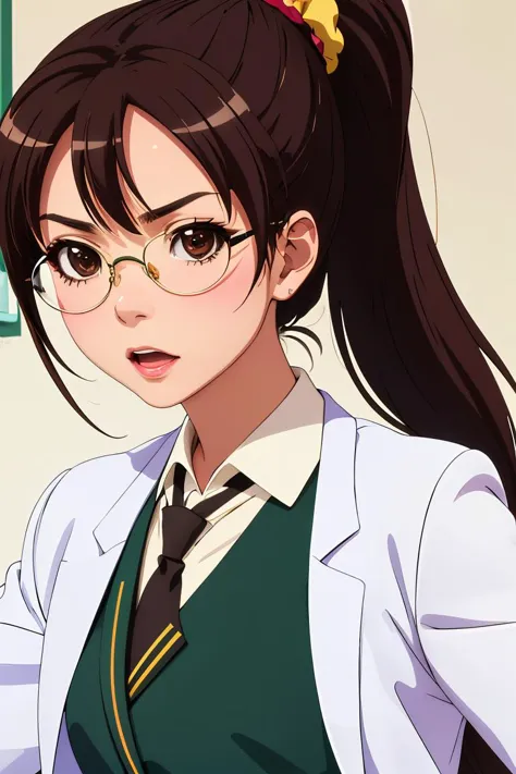 anime girl with glasses and a green jacket and tie