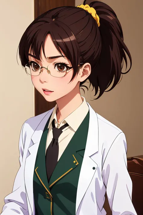 anime girl with glasses and a green vest and tie