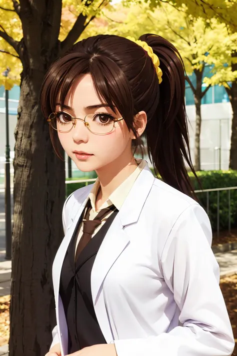 (masterpiece, best quality), 1girl,  <lora:rika shiguma s2-lora-nochekaiser:1> rika shiguma, brown hair, (brown eyes:1.3), ponytail, glasses, scrunchie, yellow scrunchie, school uniform, necktie, labcoat,