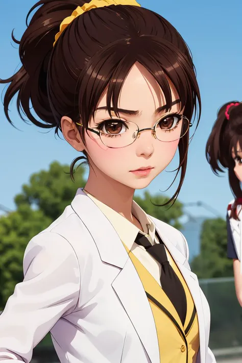 anime characters in glasses and a white jacket standing next to each other