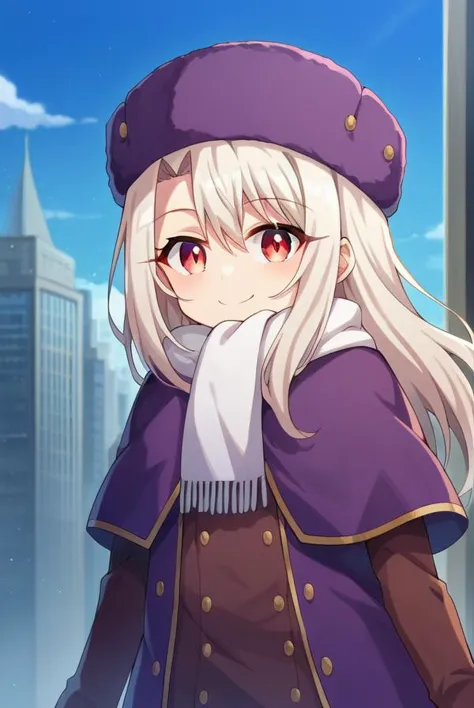 score_9, score_8_up, source_anime, 1girl, illyasvielvoneinzbern, illyasviel von einzbern, long hair, red eyes, white hair, hat, boots, scarf, coat, capelet, white scarf, purple headwear, fur hat, papakha, looking at viewer, smile, cityscape, blue sky <lora:illyasviel_von_einzbern-sdxl-nochekaiser-000008:1>