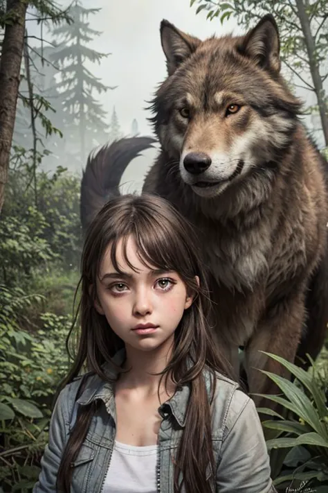 arafed image of a girl and a wolf in a forest