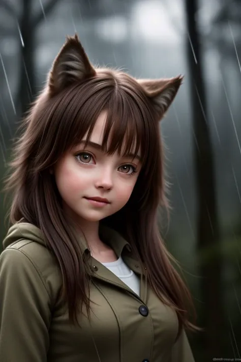 (dynamic angle:1.1), (cute face:1.2), dark sky, (nighttime:1.2), (rainy weather:1.2), detailed skin texture, furry, looking to the side, volumetric light, masterpiece, best quality, intricate details, subsurface scattering, young girl standing next a wolf, in the forrest