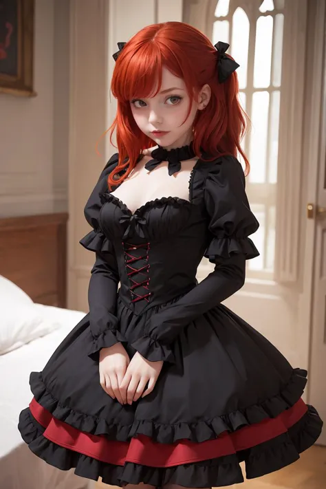 a close up of a woman in a black dress with red hair