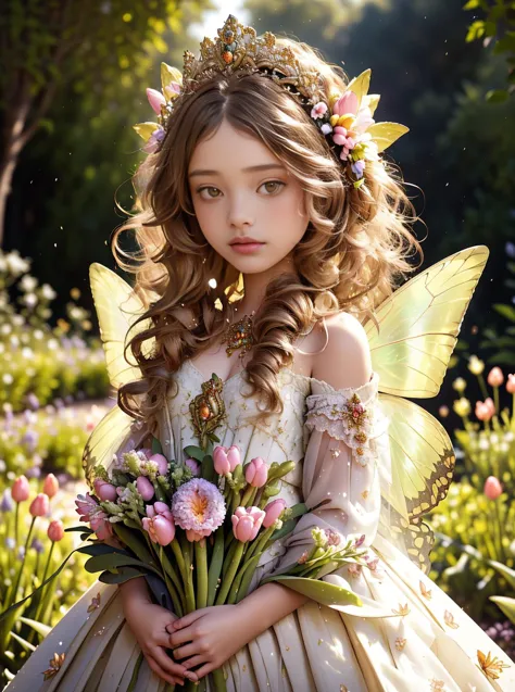 a young girl in a fairy costume holding a bouquet of flowers