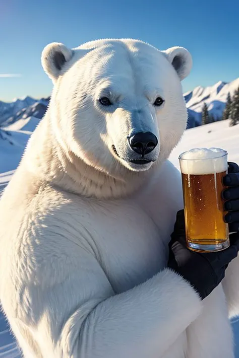 polar bear in full winter military uniform, holding a beer, anthropomorphic, super detail, ultra hd, 8k, real life, maximum facial detail, cinematic lighting