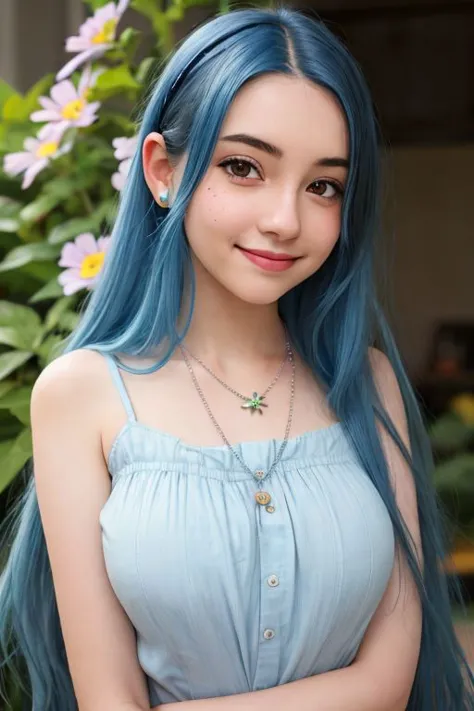 a young woman with blue hair and a flower necklace is posing for the camera, 1girl, solo, mole, looking at viewer, long hair, black hair, mole under mouth, lips, smile, RAW photo, subject, 8k uhd, dslr, soft lighting, high quality, film grain, Fujifilm XT3