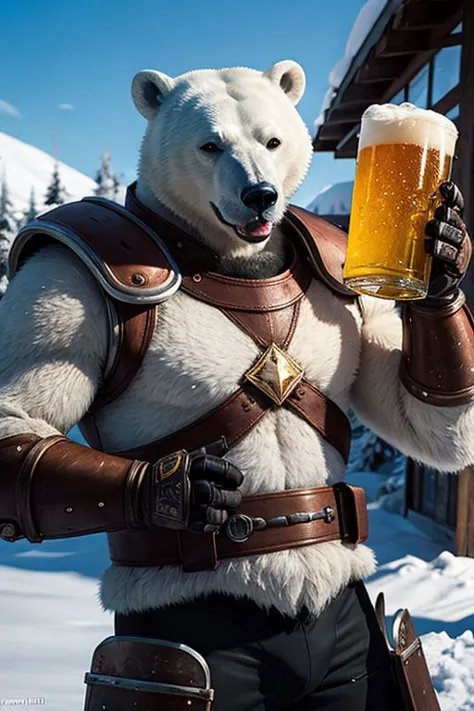 araffe dressed in a bear costume holding a beer in his hand