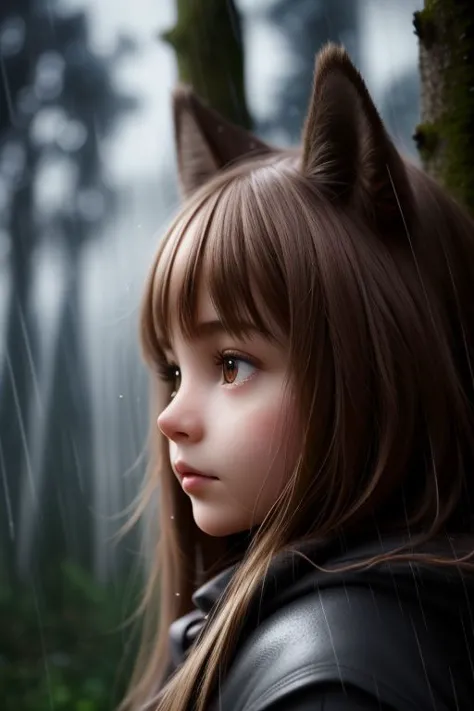 (dynamic angle:1.1), (cute face:1.2), dark sky, (nighttime:1.2), (rainy weather:1.2), detailed skin texture, furry, looking to the side, volumetric light, masterpiece, best quality, intricate details, subsurface scattering, young girl standing next a wolf, in the forrest