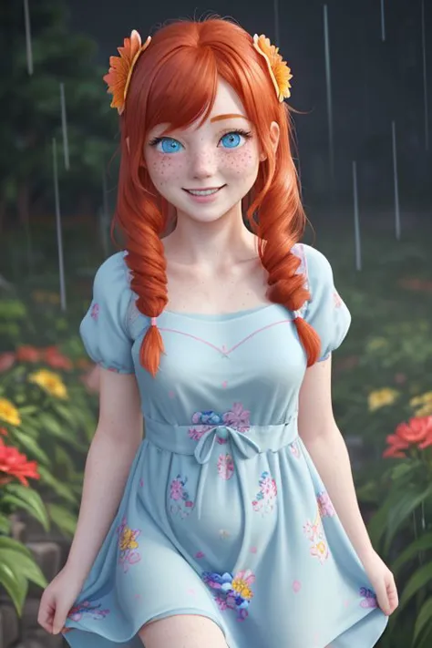 a woman with red hair and blue dress standing in the rain