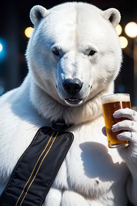 there is a polar bear dressed in a suit holding a beer