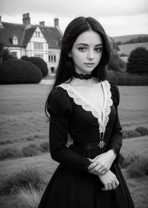 19th century english countryside  \(style\)  photograph of  beautiful, fit 23 year old  cathy earnshaw, wild raven-black hair, s...