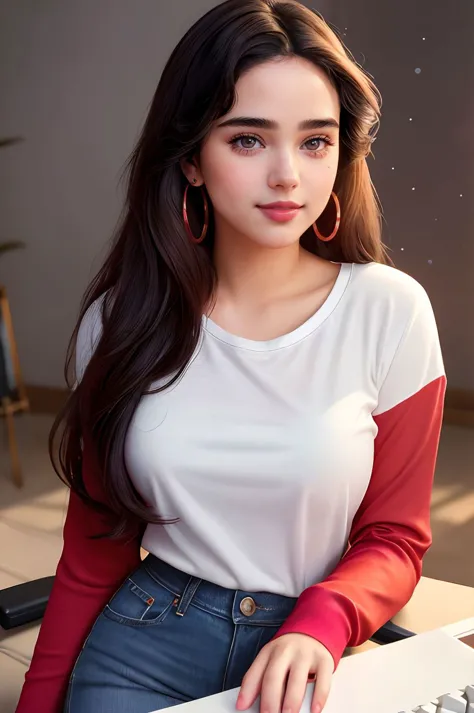 photo of seductive (jg-jc0n:0.99), a woman as a sexy customer, closeup portrait, (tight red long sleeve white t-shirt), (jeans), (typing on keyboard:1.2), (masterpiece:1.5) (photorealistic:1.1) (bokeh) (best quality) (detailed skin texture pores hairs:1.1) (intricate) (8k) (HDR) (wallpaper) (cinematic lighting) (sharp focus), eyeliner, (painted lips), (earrings), (vivid atmosphere) ,smile