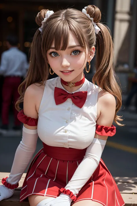 a close up of a woman in a red and white dress sitting on a bench