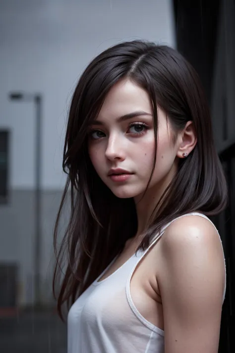 (dynamic angle:1.1), (cute face:1.2), dark sky, (nighttime:1.2), (rainy weather:1.2), detailed skin texture, photo of angry girl in the street, looking to the side, wet hair, volumetric light, masterpiece, best quality, intricate details, subsurface scatte...