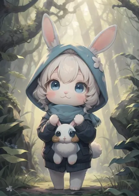 beste Qualität,Meisterwerk,flauschige,Hase. Blauer Schal,große Augen,Rasen,Wald,Pfotenhaltung,chibi,