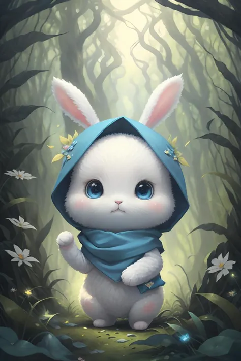 a white rabbit in a blue hoodie standing in a forest