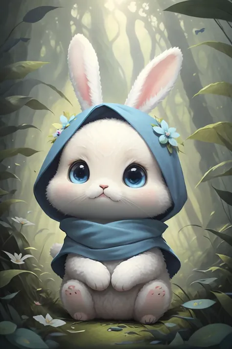 beste Qualität,Meisterwerk,flauschige,Hase. Blauer Schal, große Augen,Rasen,Wald,Pfotenhaltung,chibi,