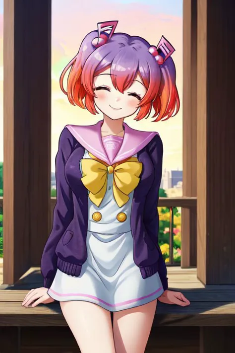 (masterpiece), (best quality:1.4, high quality:1.4), outdoors, looking at viewer, 1girl, otonokoji kanade, closed eyes, musical note hair ornament, twintails, multicolored hair, gradient hair, purple hair, pink hair, pink sailor collar, yellow ribbon, cardigan, open cardigan, white dress, large breasts, blush, smile, peace sign