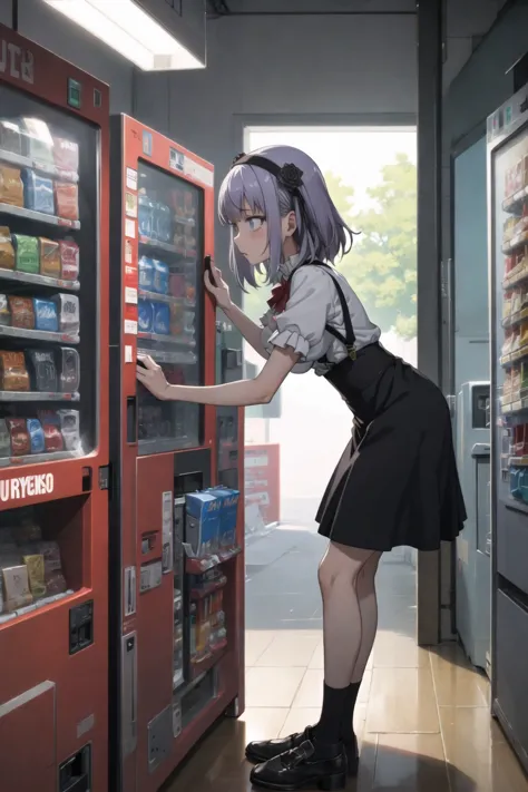 (masterpiece, best quality, ultra-detailed),  1girl, HtrShdr-KJ, black skirt, hair ornament, bow, shirt, suspender skirt, hair ribbon, high-waist skirt, hair flower, hairband, vending machine, leaning leaning forward, from side