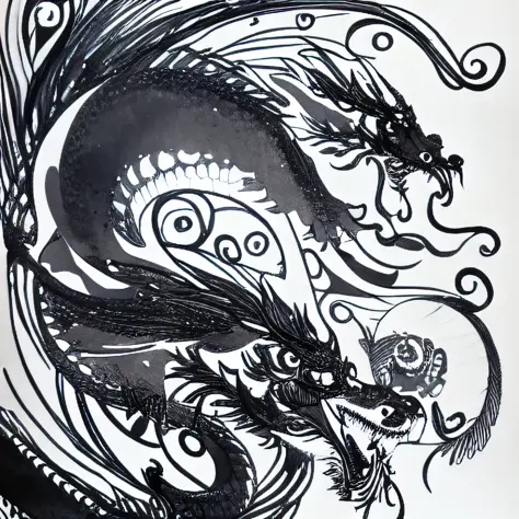 DBlinebrush style, masterpiece, beautiful portrait of eastern dragon, monochrome