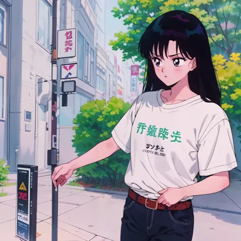 ( hyper réalisme, animé, mangas)  Rei Hino (cheveux longs noirs) (Yeux sombres) (frange) (short mini farmer bleu, ceinture sur le ventre) ( chemise blanche)].(( logo de la chemise:xqcL))
( marche, En plein air,)( grande ville bondée ) chemise surdimensionnée , d&#39;en haut,  Fermer,